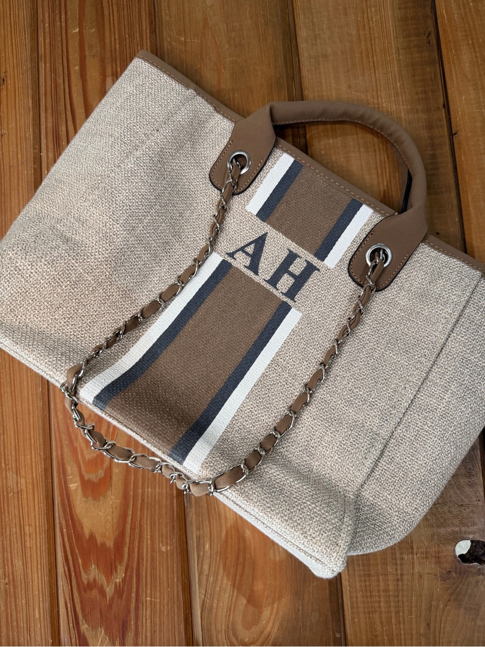 Lily & Bean London Canvas Stripe Tote Monogram AH Chain Handle Large Travel Bag